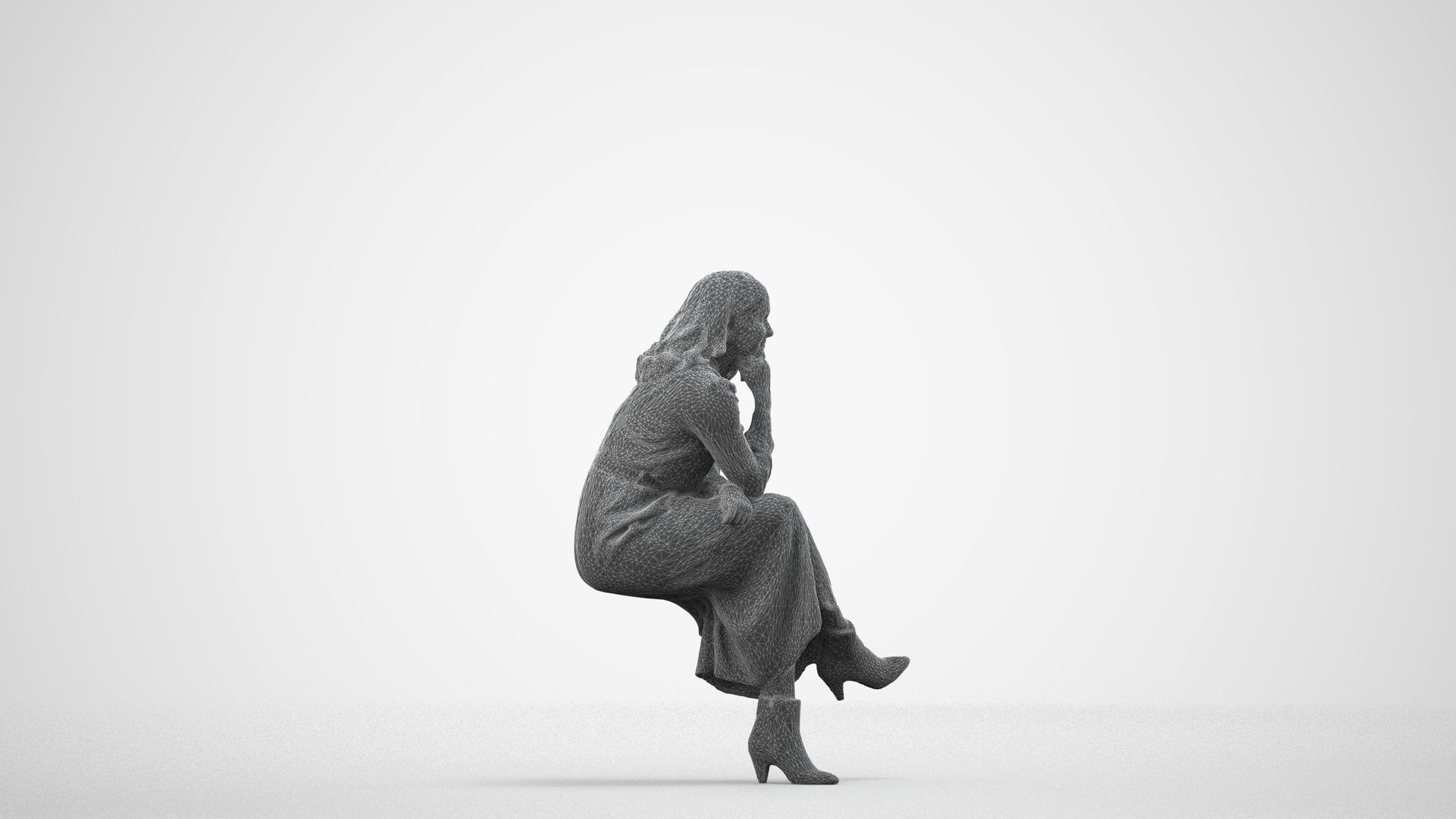 3D scanned woman sitting casual, photorealistic archviz people for Enscape and SketchUp, wireframe side view
