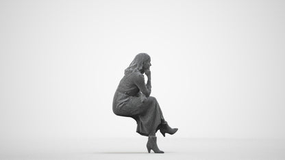 3D scanned woman sitting casual, photorealistic archviz people for Enscape and SketchUp, wireframe side view