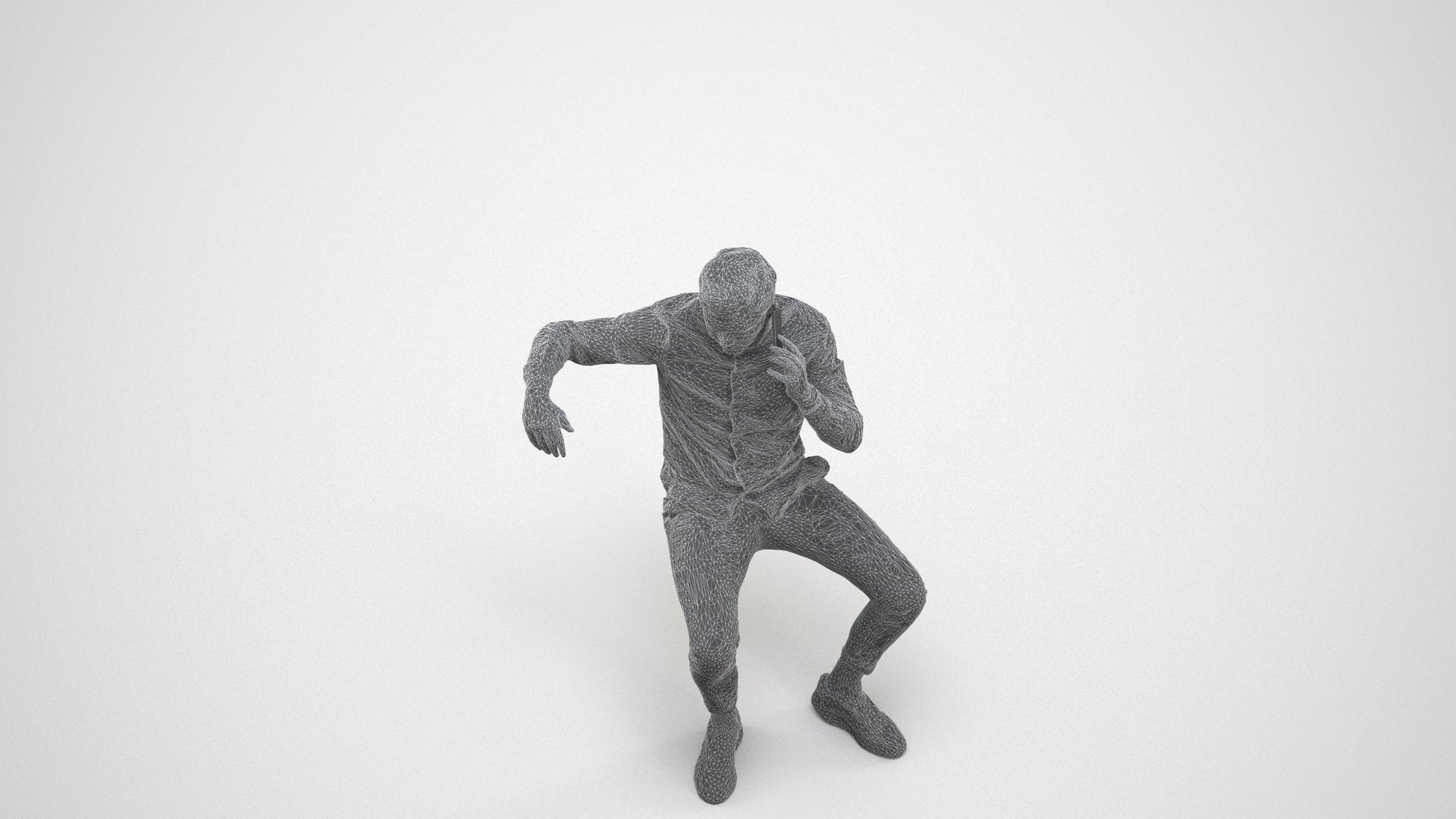realistic 3D human man casual sitting, archviz people FBX OBJ for Blender, wireframe three-quarter view