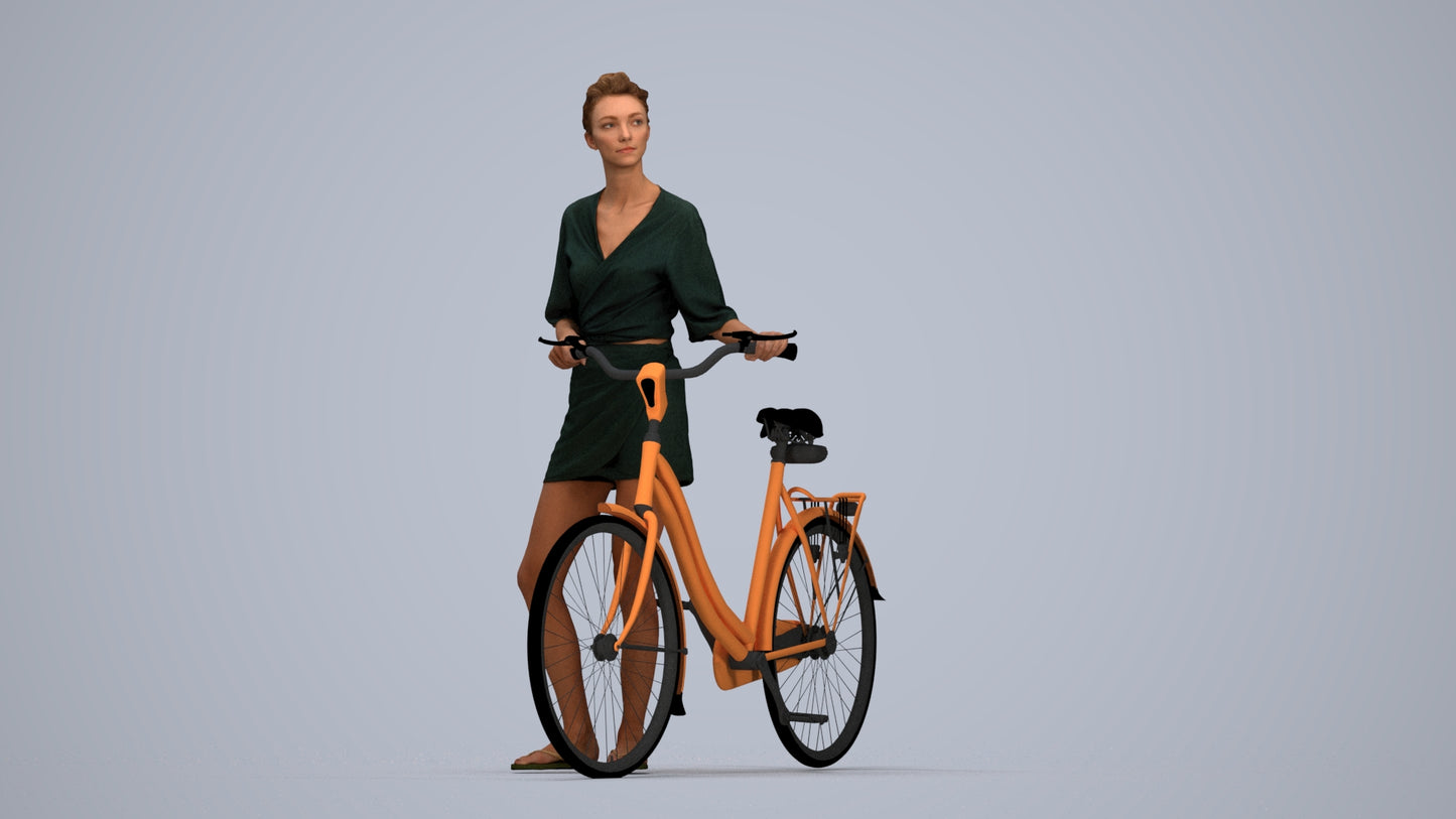 scanned 3D woman casual cycling, photogrammetry people for Enscape and V-Ray, top-down view render