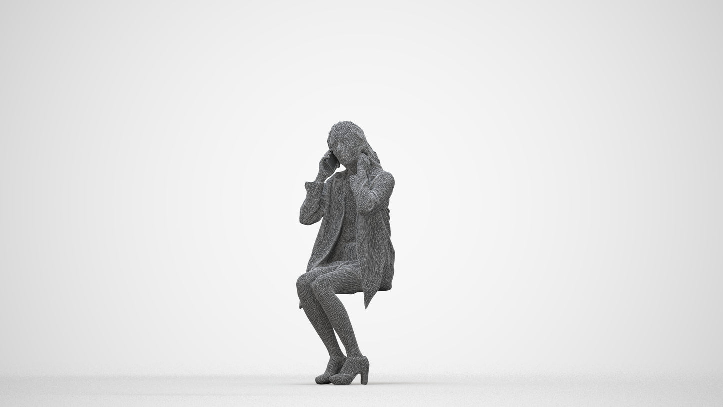 scanned 3D woman business sitting, photogrammetry people for Enscape and V-Ray, wireframe back view