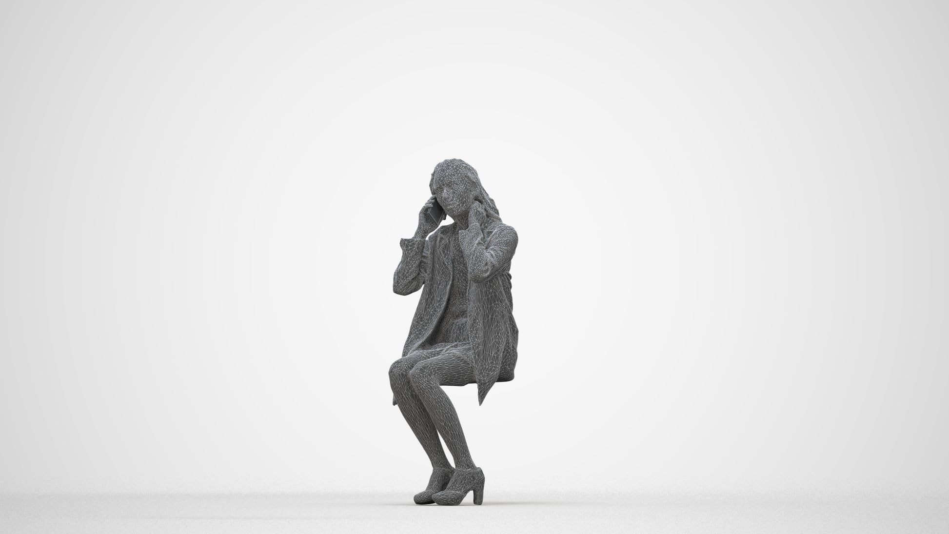 scanned 3D woman business sitting, photogrammetry people for Enscape and V-Ray, wireframe back view