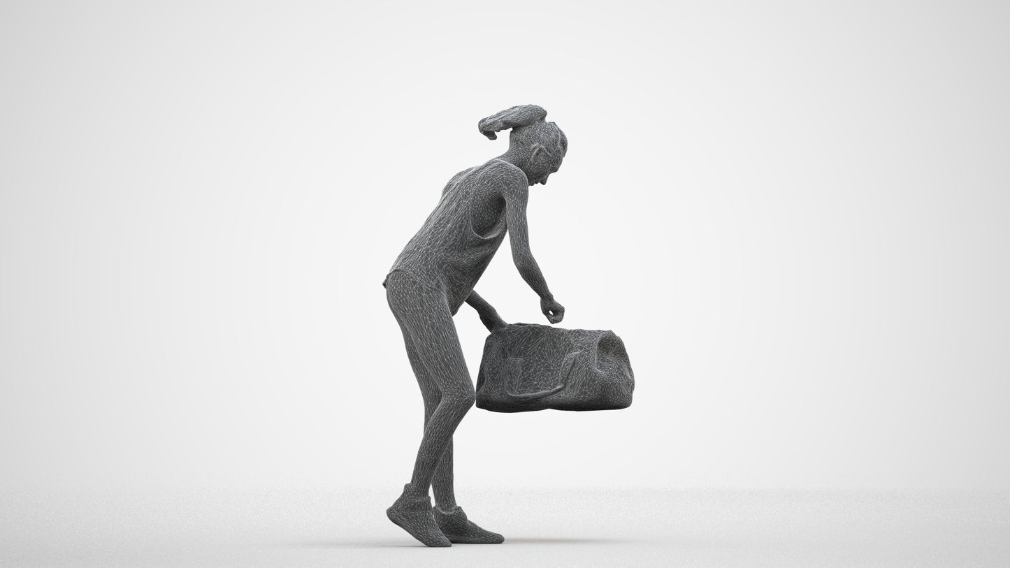 3D human model woman sport, photogrammetry scanned person for archviz, wireframe side view