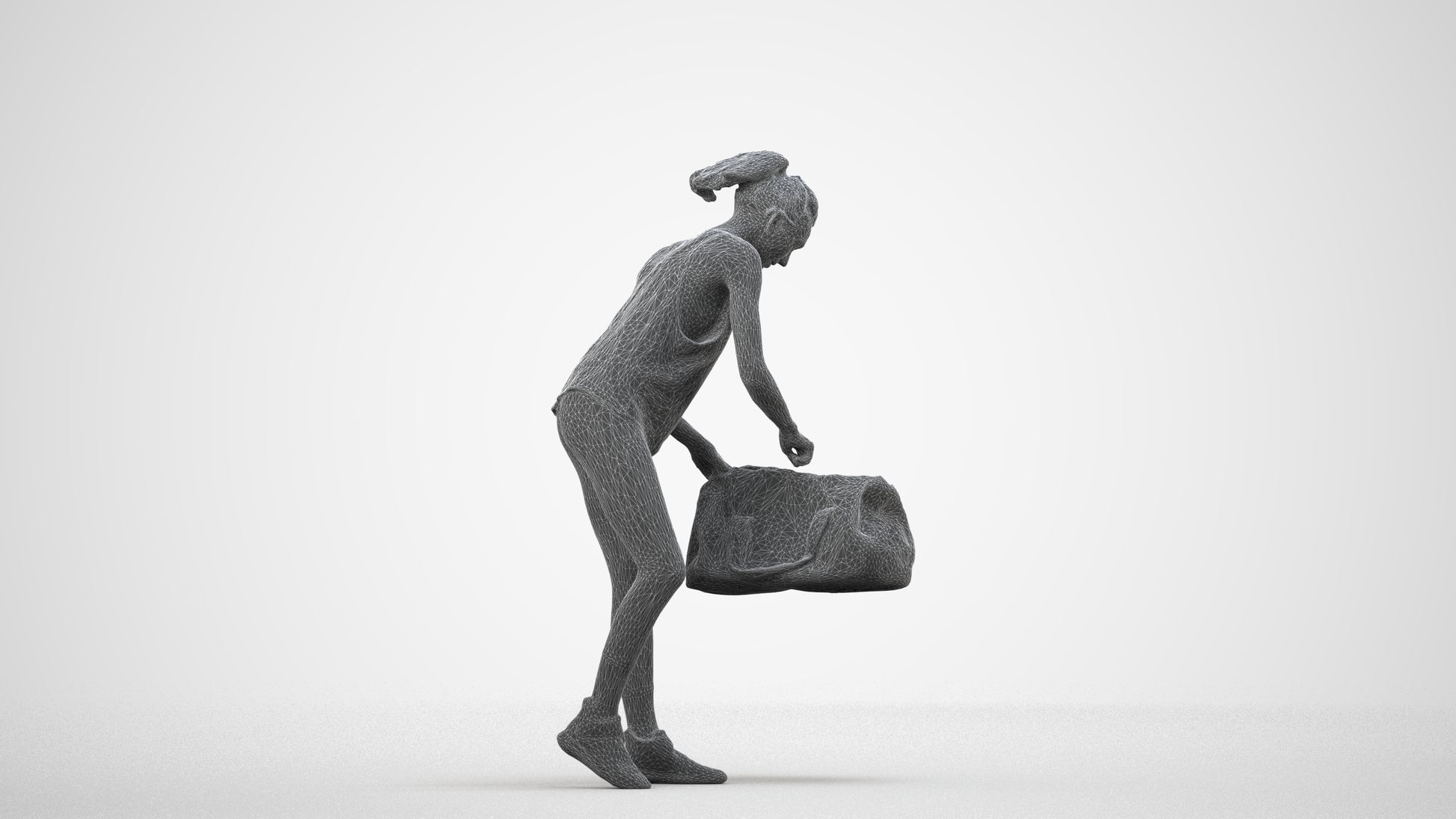 3D human model woman sport, photogrammetry scanned person for archviz, wireframe side view