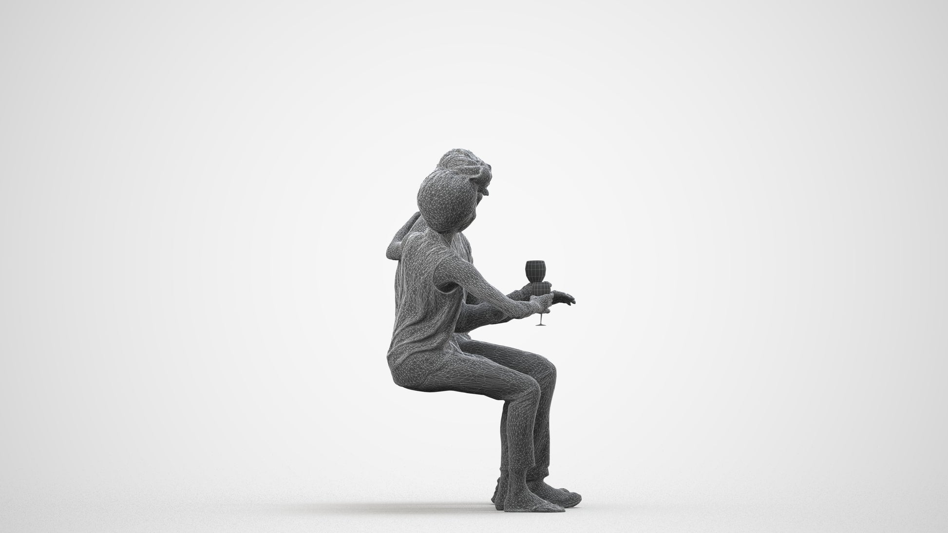 scanned 3D man casual couple, photogrammetry people for Enscape and V-Ray, wireframe side view