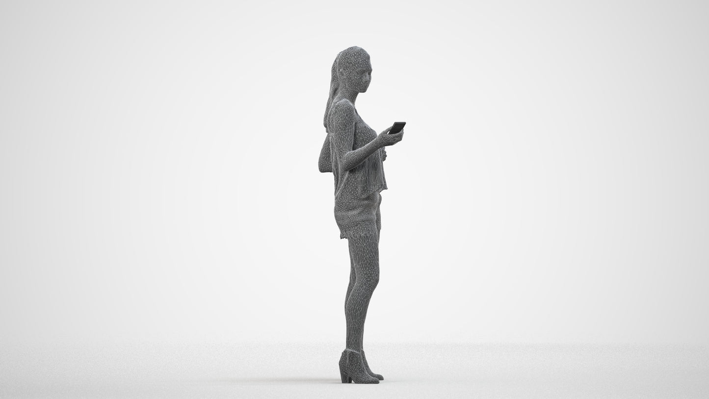 photogrammetry 3D girl casual standing, realistic human model archviz FBX, wireframe side view