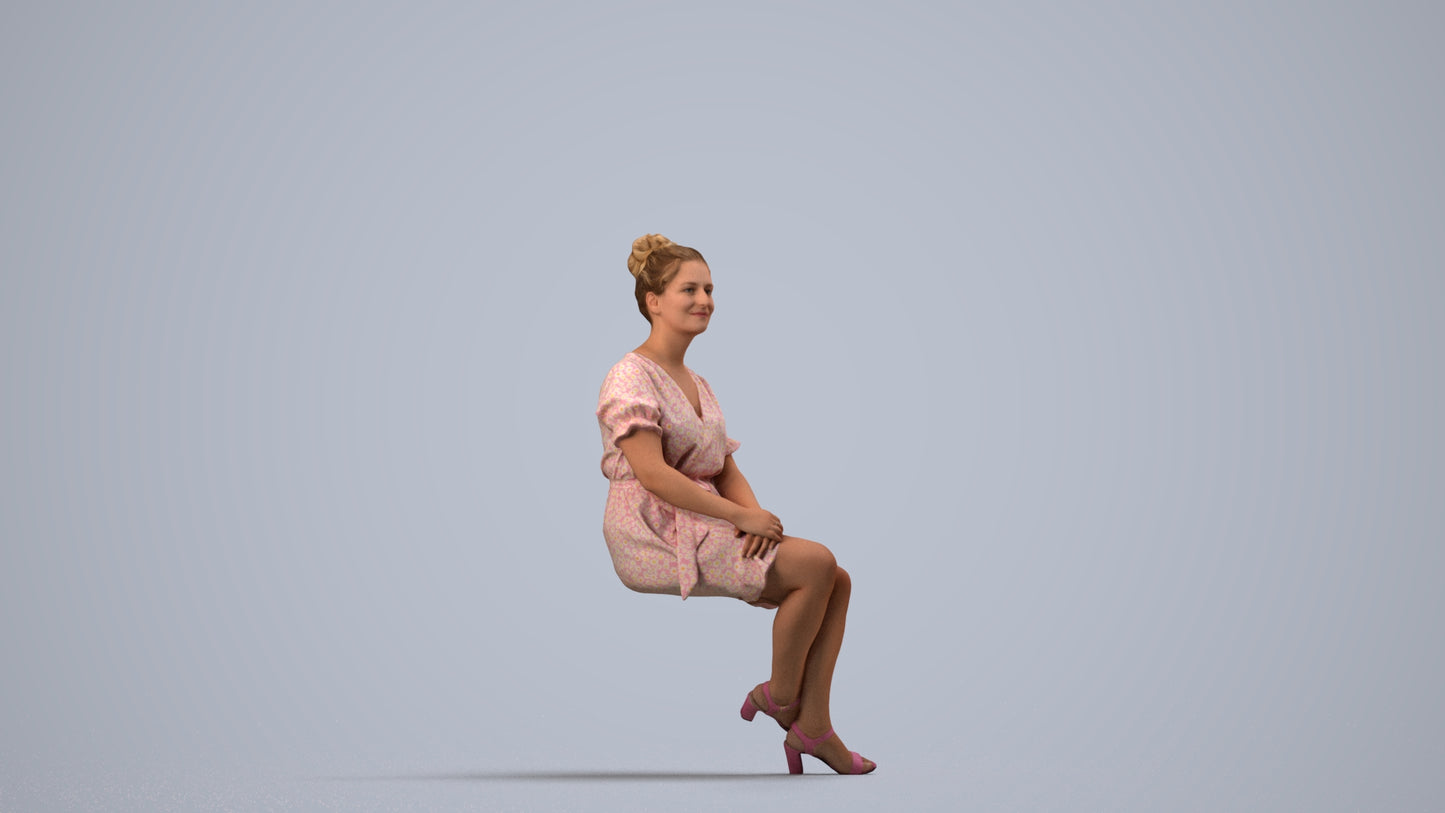 3D scanned woman sitting casual, photorealistic archviz people for Enscape and SketchUp, side view render