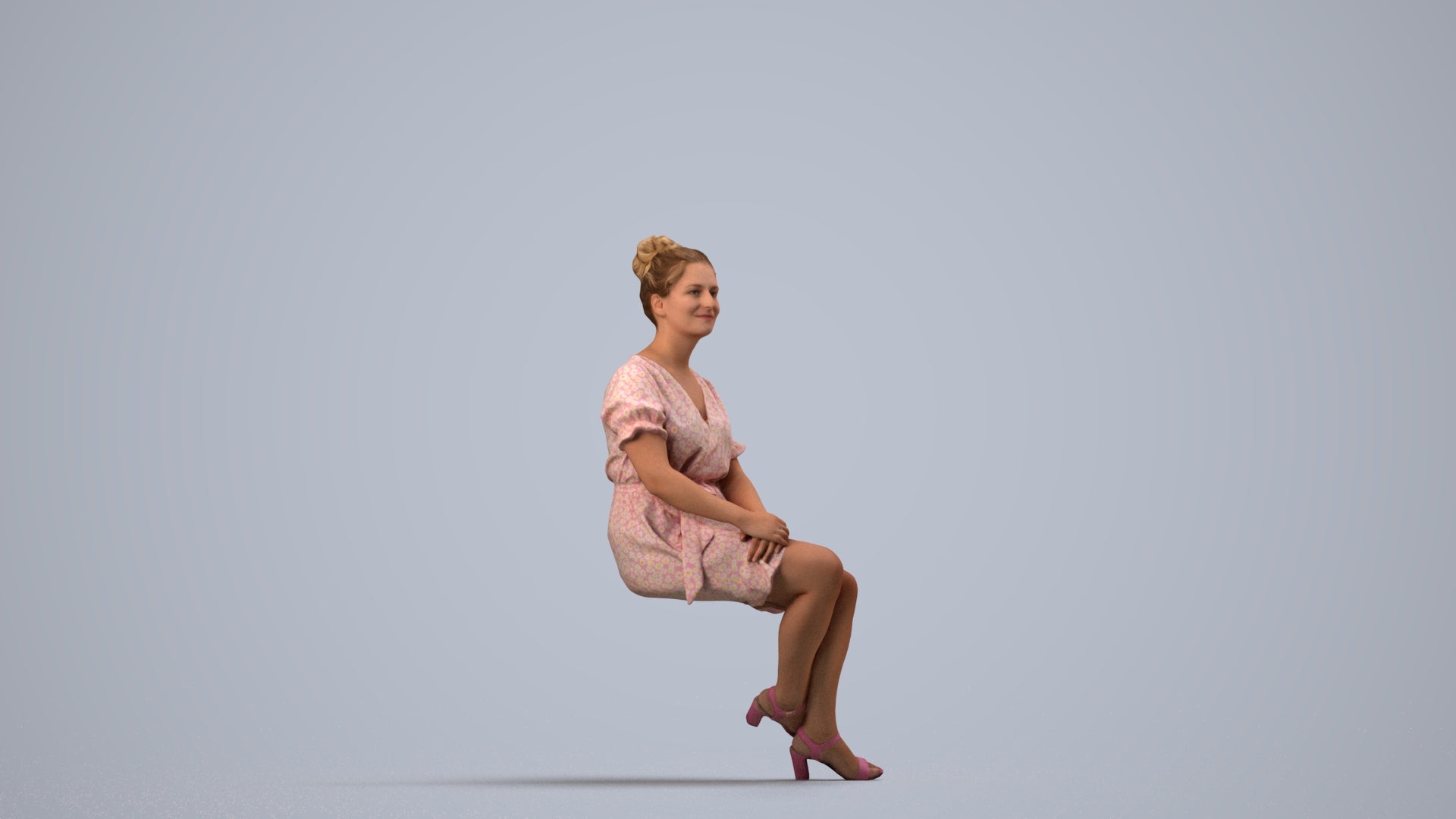 3D scanned woman sitting casual, photorealistic archviz people for Enscape and SketchUp, side view render