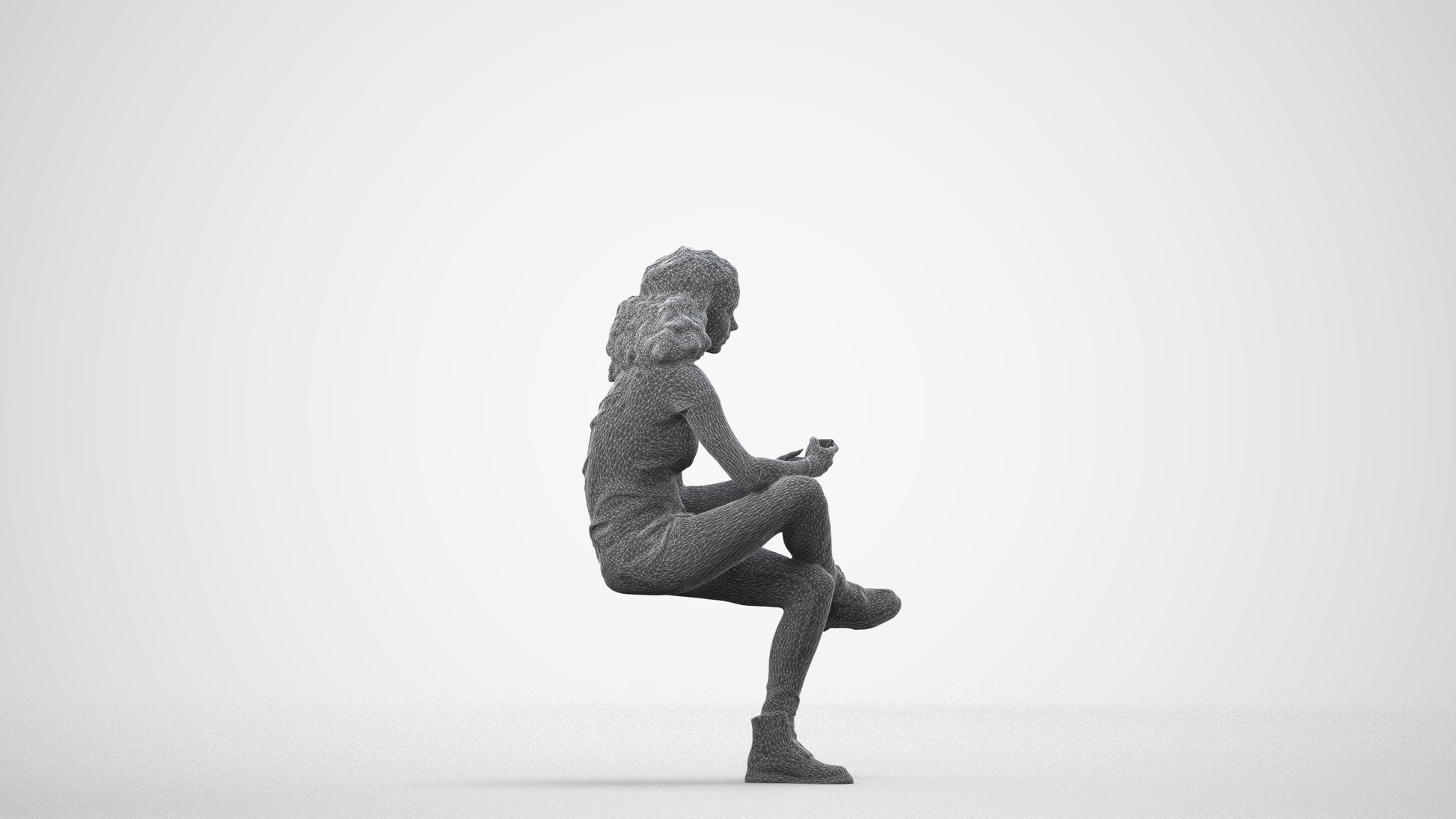 realistic 3D people woman casual sitting, render-ready for V-Ray and Corona, FBX OBJ, wireframe side view