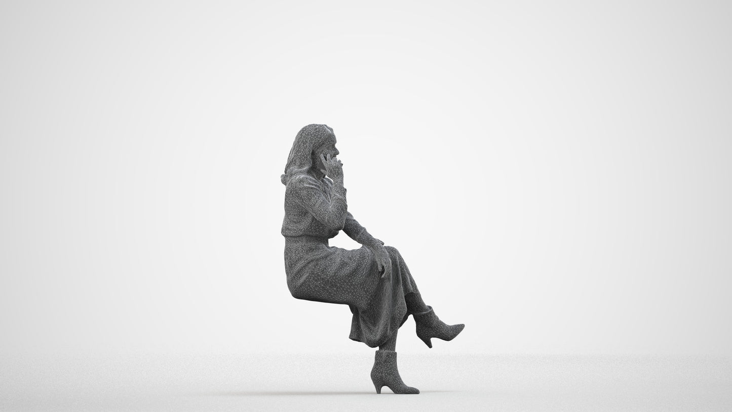 3D scanned woman sitting casual, photorealistic archviz people for Enscape and SketchUp, wireframe side view