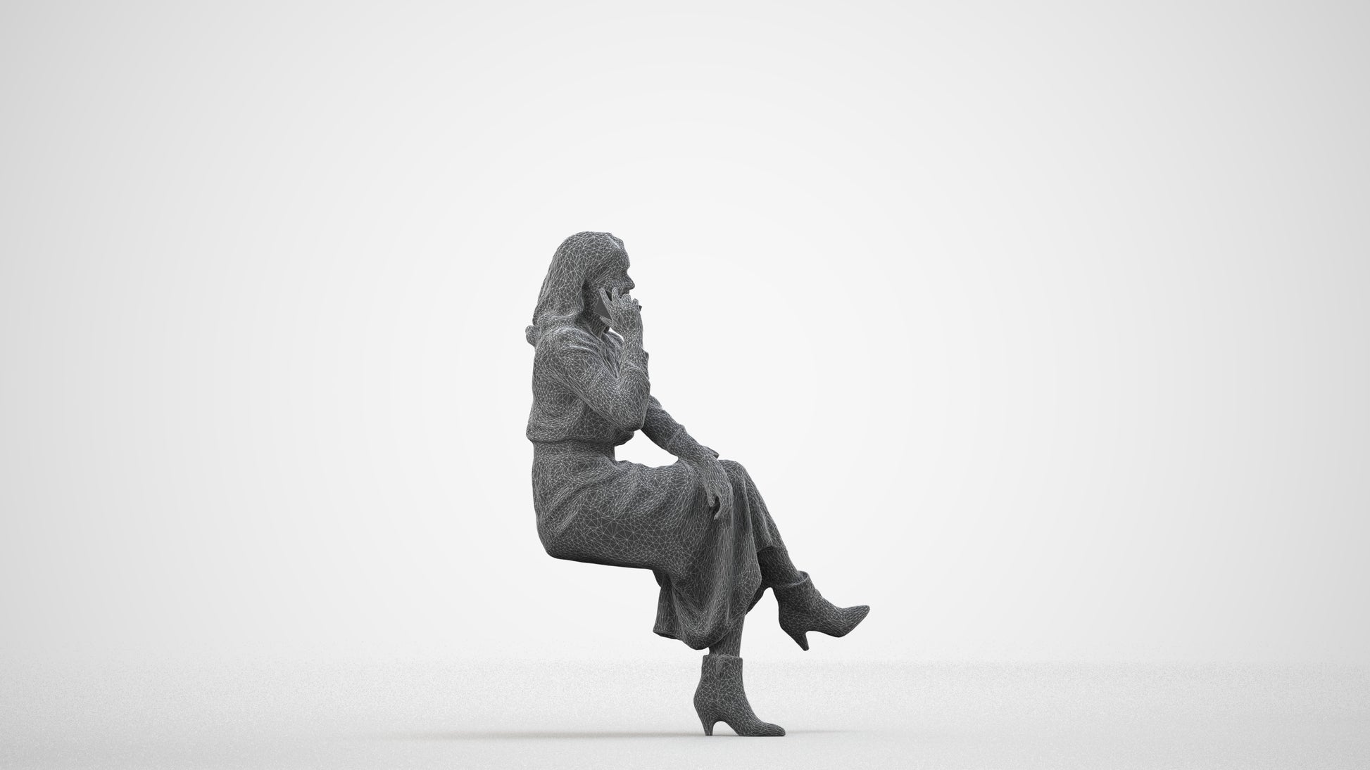 3D scanned woman sitting casual, photorealistic archviz people for Enscape and SketchUp, wireframe side view
