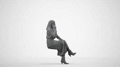 3D scanned woman sitting casual, photorealistic archviz people for Enscape and SketchUp, wireframe side view