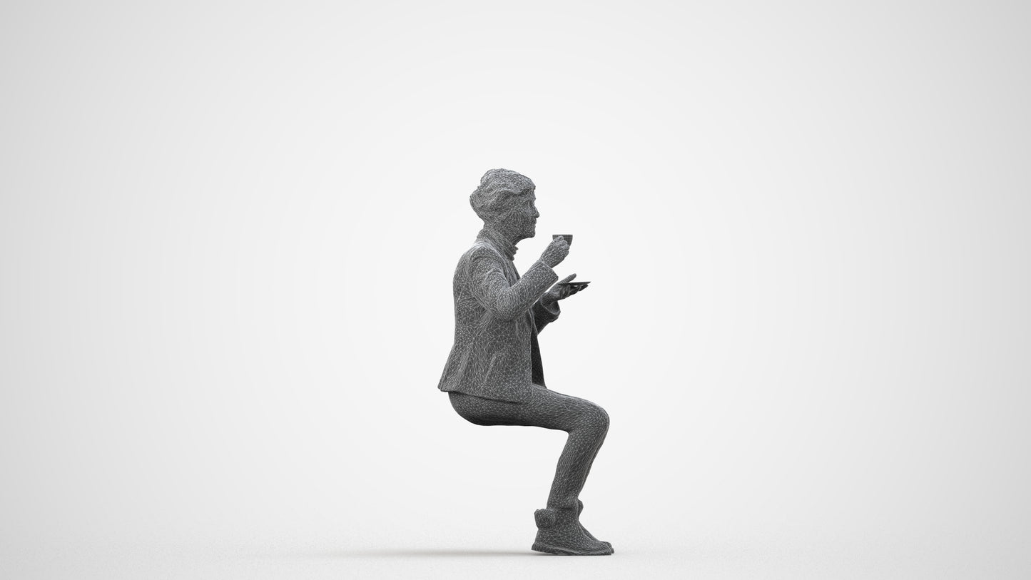 realistic 3D people senior woman business sitting, render-ready for V-Ray and Corona, FBX OBJ, wireframe side view