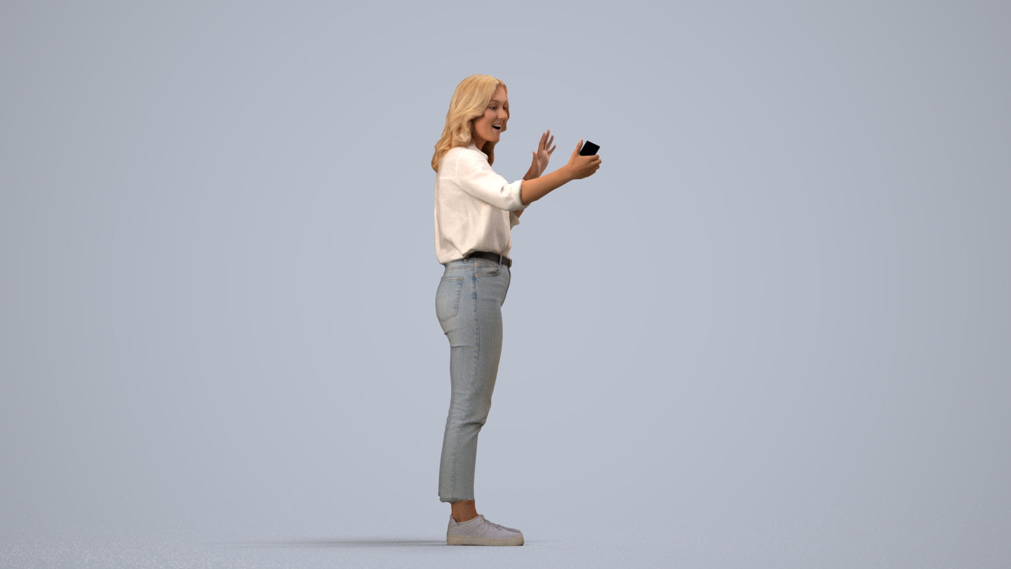 3D scanned woman standing casual, photorealistic archviz people for Enscape and SketchUp, side view render
