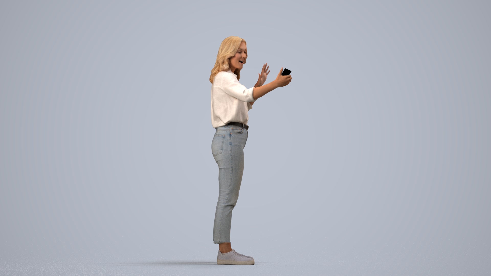 3D scanned woman standing casual, photorealistic archviz people for Enscape and SketchUp, side view render