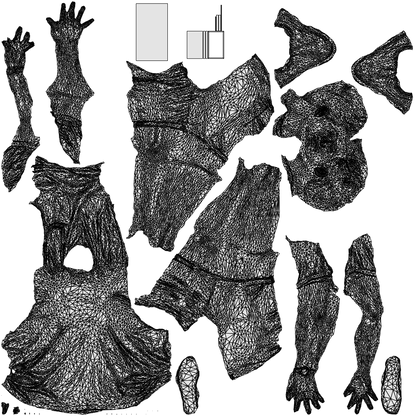 3D human model man casual sitting, photogrammetry scanned person for archviz, wireframe top-down view