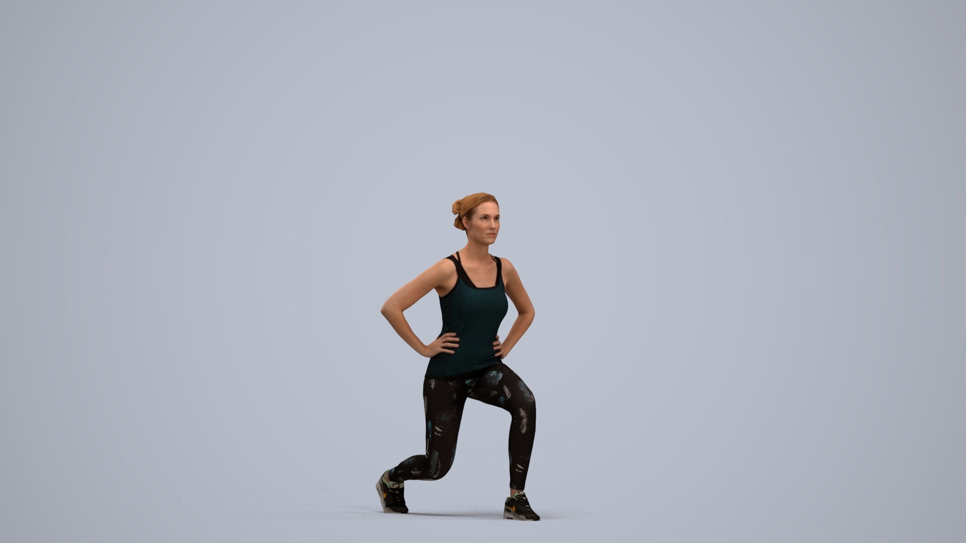 3D human model woman sport standing, photogrammetry scanned person for archviz, standing pose render