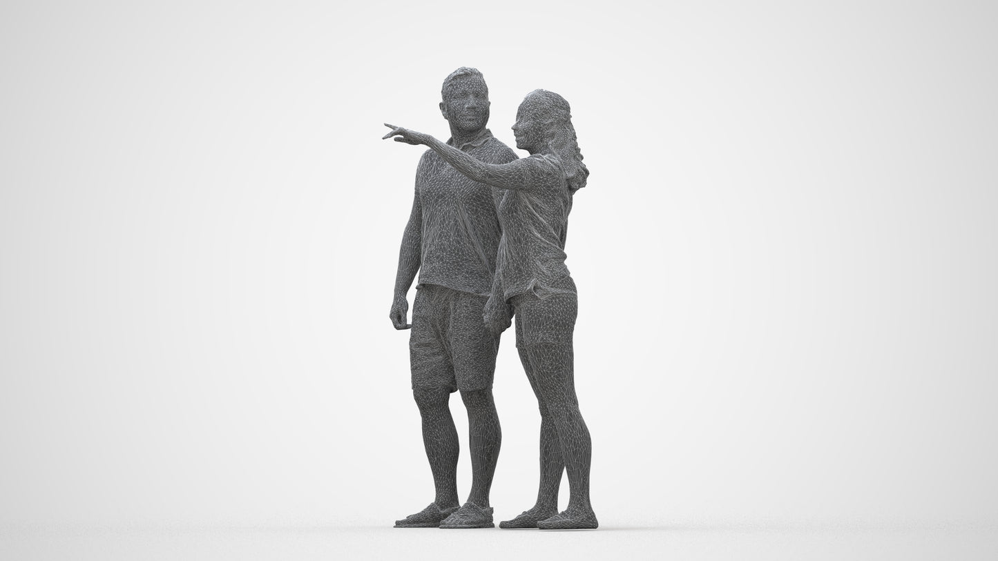 3D scanned woman couple casual, photorealistic archviz people for Enscape and SketchUp, wireframe back view