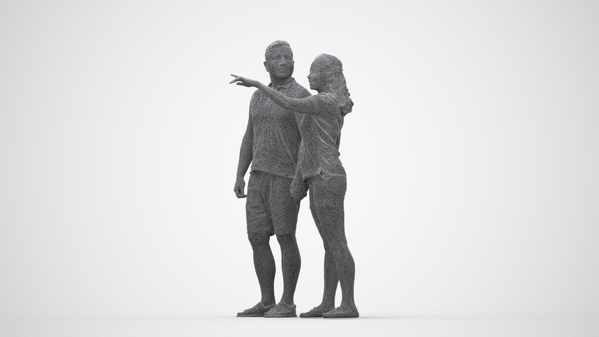 3D scanned woman couple casual, photorealistic archviz people for Enscape and SketchUp, wireframe back view