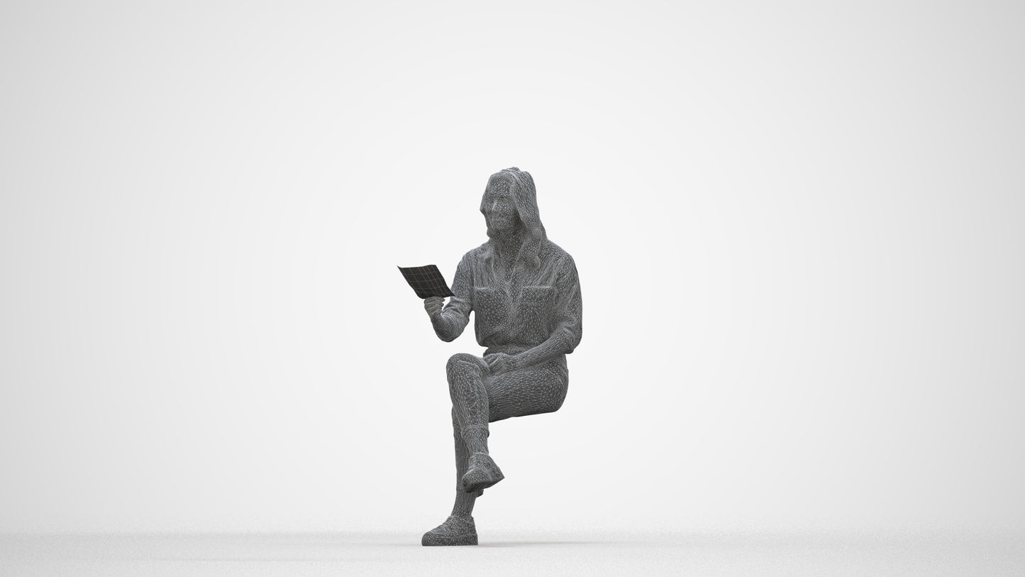 photogrammetry 3D woman casual sitting, realistic human model archviz FBX, wireframe back view