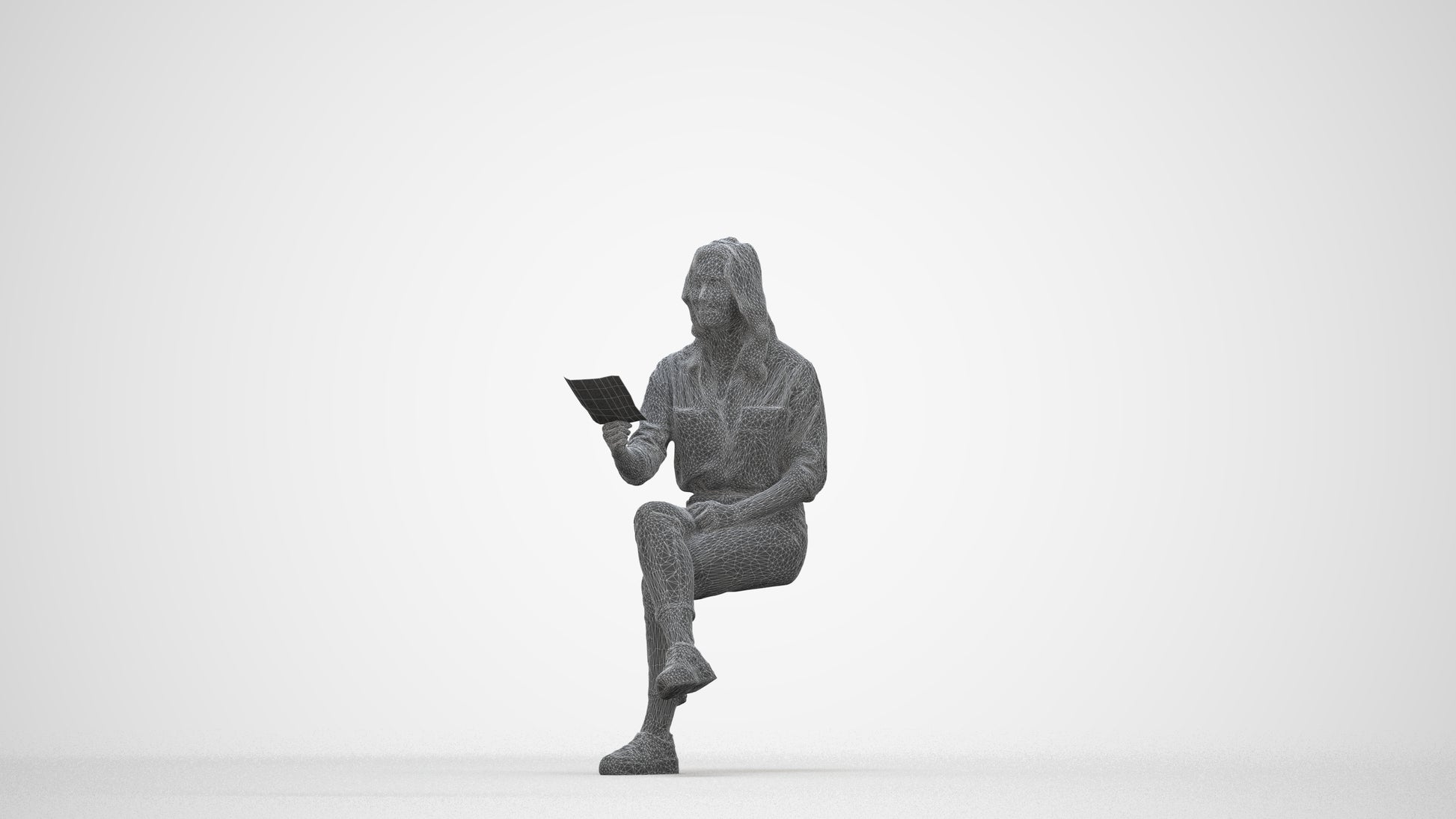 photogrammetry 3D woman casual sitting, realistic human model archviz FBX, wireframe back view