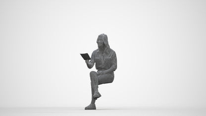 photogrammetry 3D woman casual sitting, realistic human model archviz FBX, wireframe back view