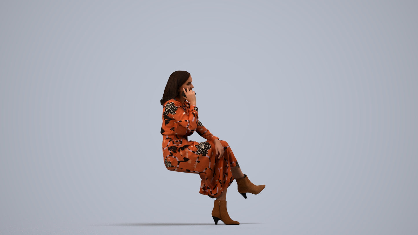 3D scanned woman sitting casual, photorealistic archviz people for Enscape and SketchUp, side view render