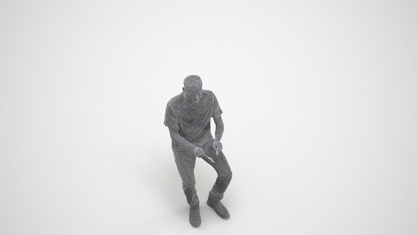 realistic 3D people man casual sitting, render-ready for V-Ray and Corona, FBX OBJ, wireframe three-quarter view