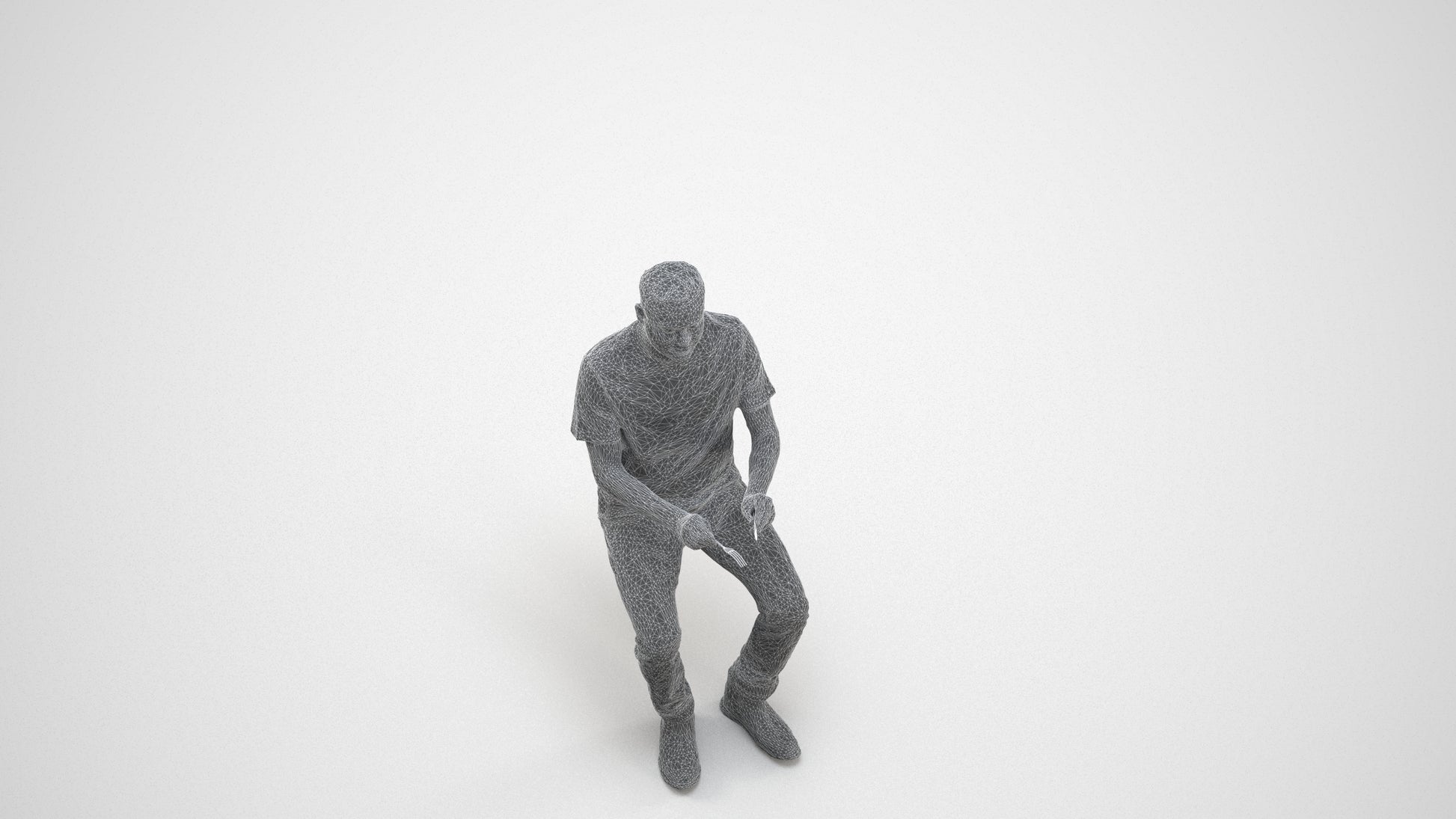 realistic 3D people man casual sitting, render-ready for V-Ray and Corona, FBX OBJ, wireframe three-quarter view