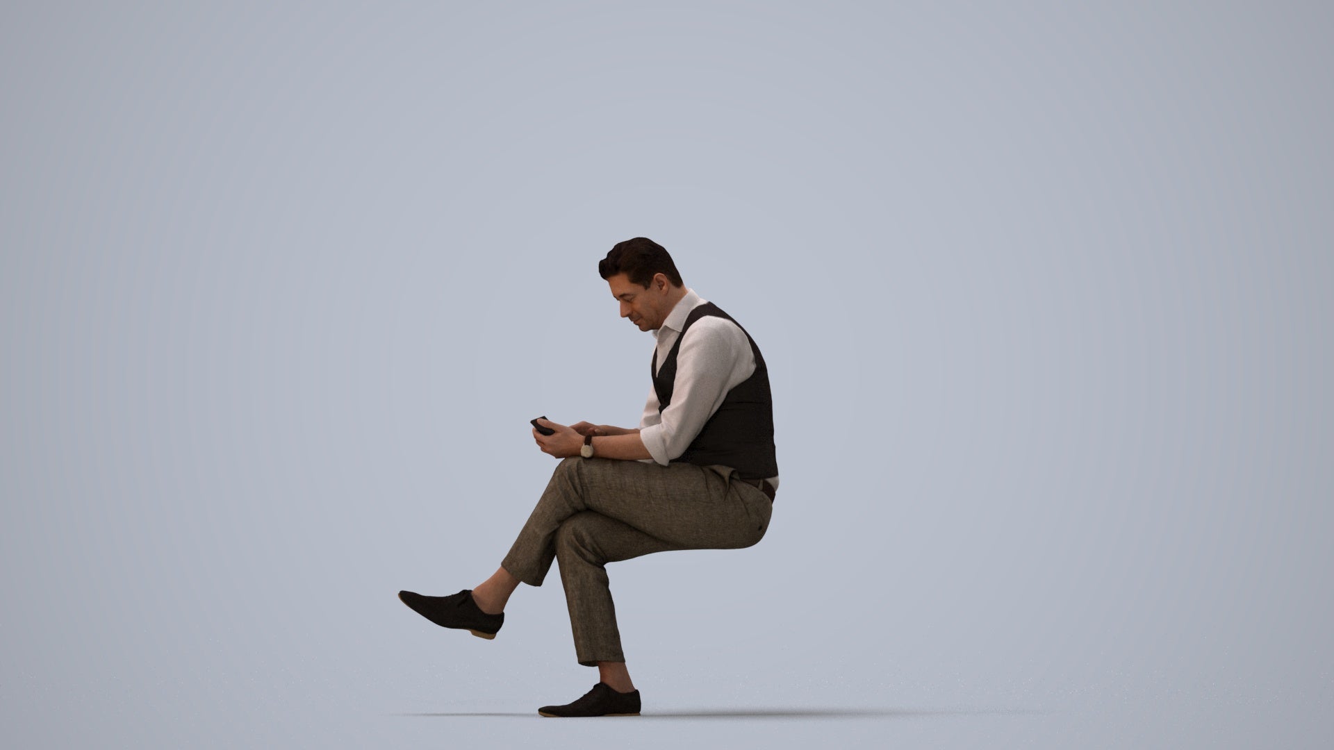 photogrammetry 3D man business sitting, realistic human model archviz FBX, three-quarter view render