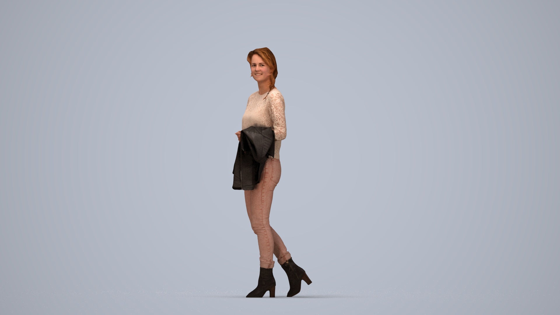 3D people model woman casual walking, scanned human for 3ds Max rendering, top-down view render