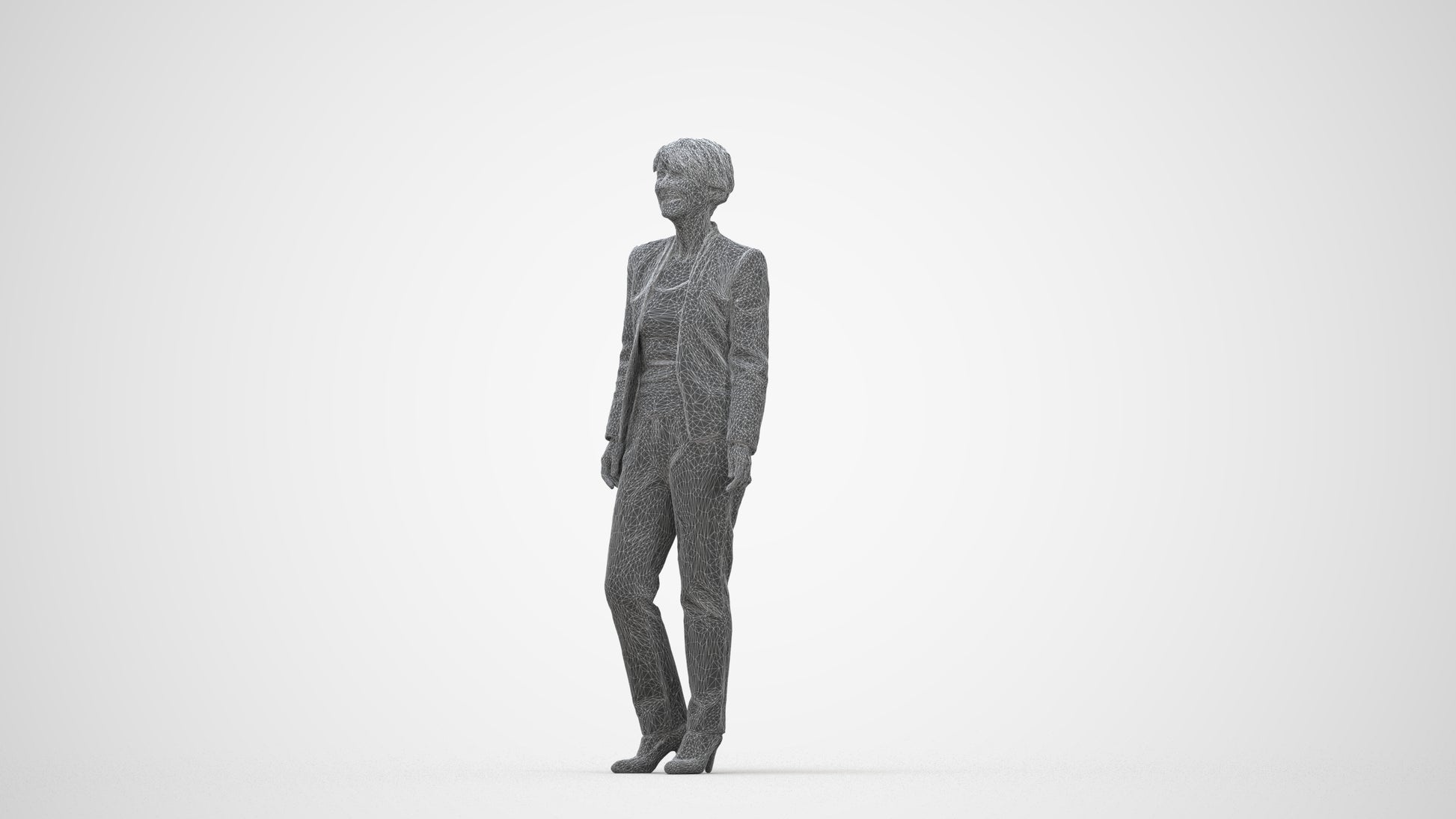 scanned 3D senior woman business standing, photogrammetry people for Enscape and V-Ray, wireframe back view