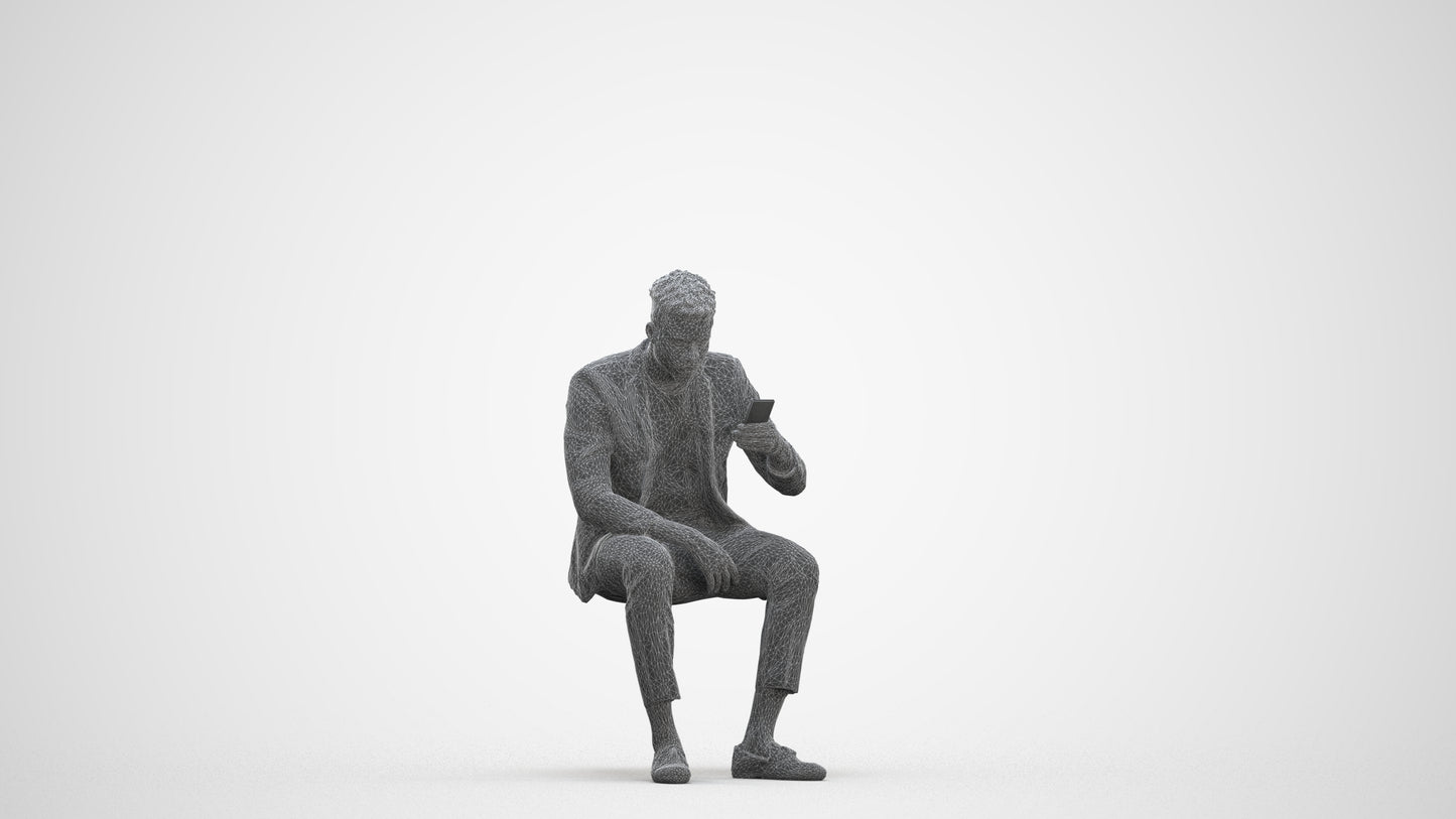realistic 3D man casual sitting, scanned archviz people for Blender and 3ds Max, three-quarter front view render