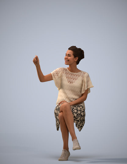 3D human model woman casual sitting, photogrammetry scanned person for archviz
