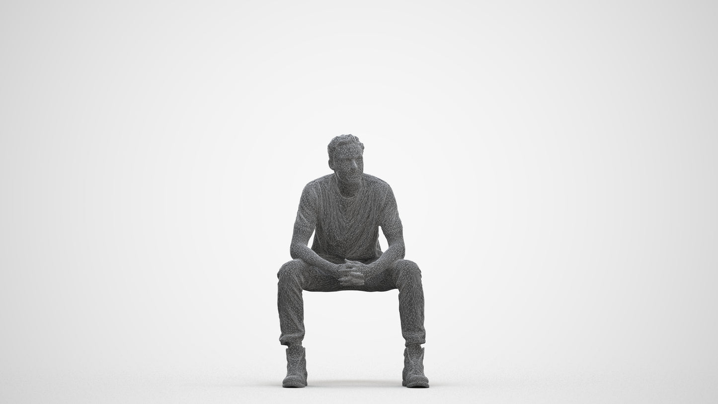 scanned 3D man casual sitting, photogrammetry people for Enscape and V-Ray, three-quarter front view render
