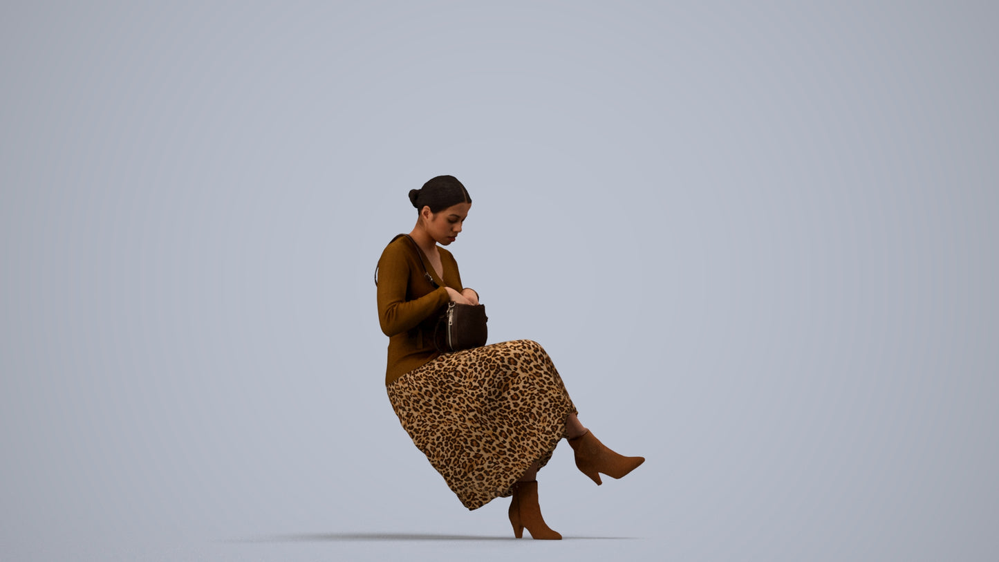 realistic 3D human woman casual sitting, archviz people FBX OBJ for Blender, side view render