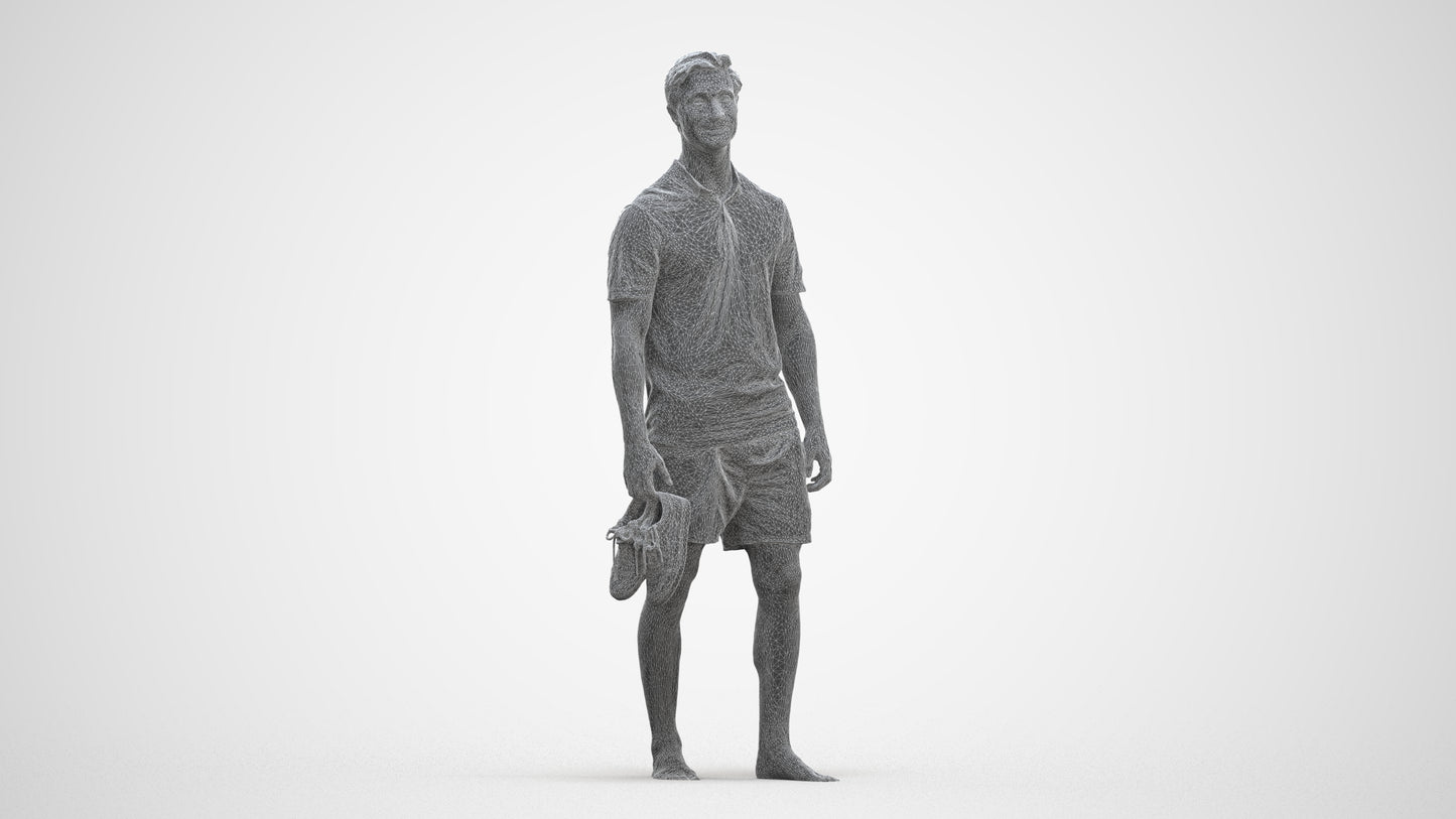 3D human model man casual walking, photogrammetry scanned person for archviz, three-quarter front view render