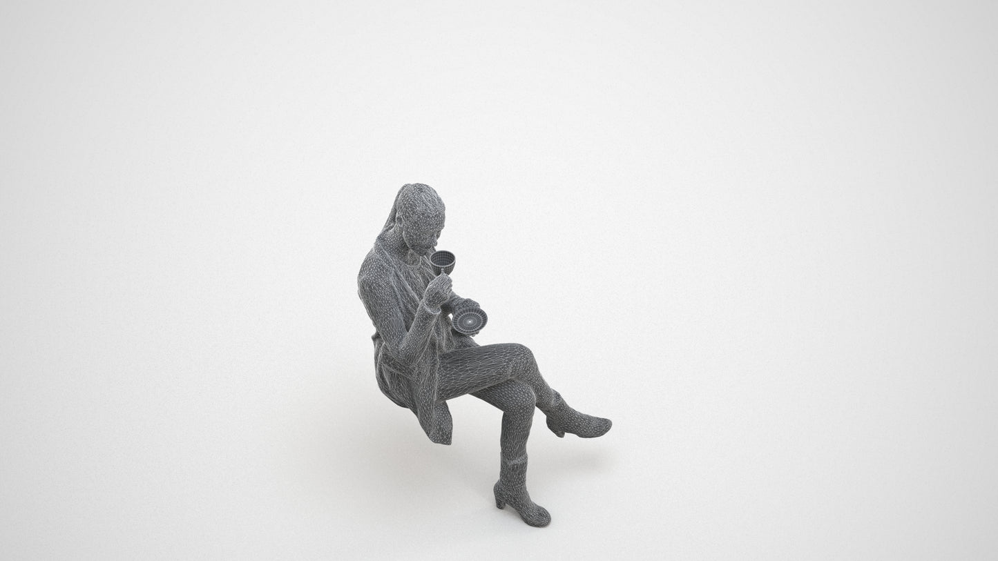 realistic 3D woman business sitting, scanned archviz people for Blender and 3ds Max, wireframe three-quarter view