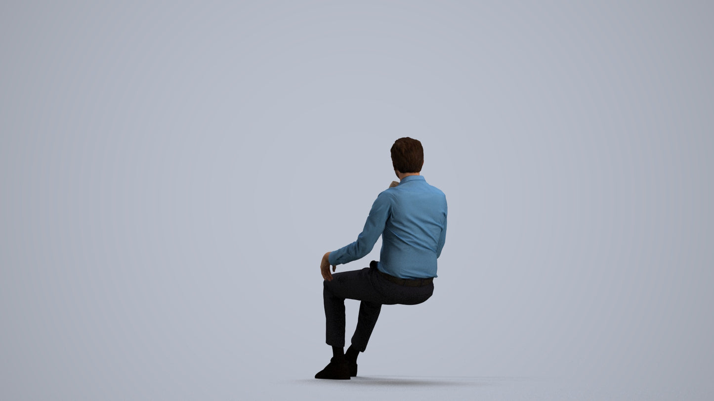 3D human model man business sitting, photogrammetry scanned person for archviz, front view render