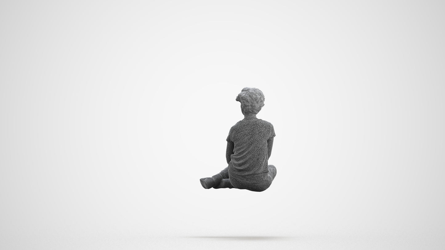 3D human model woman casual sitting, photogrammetry scanned person for archviz, wireframe front view