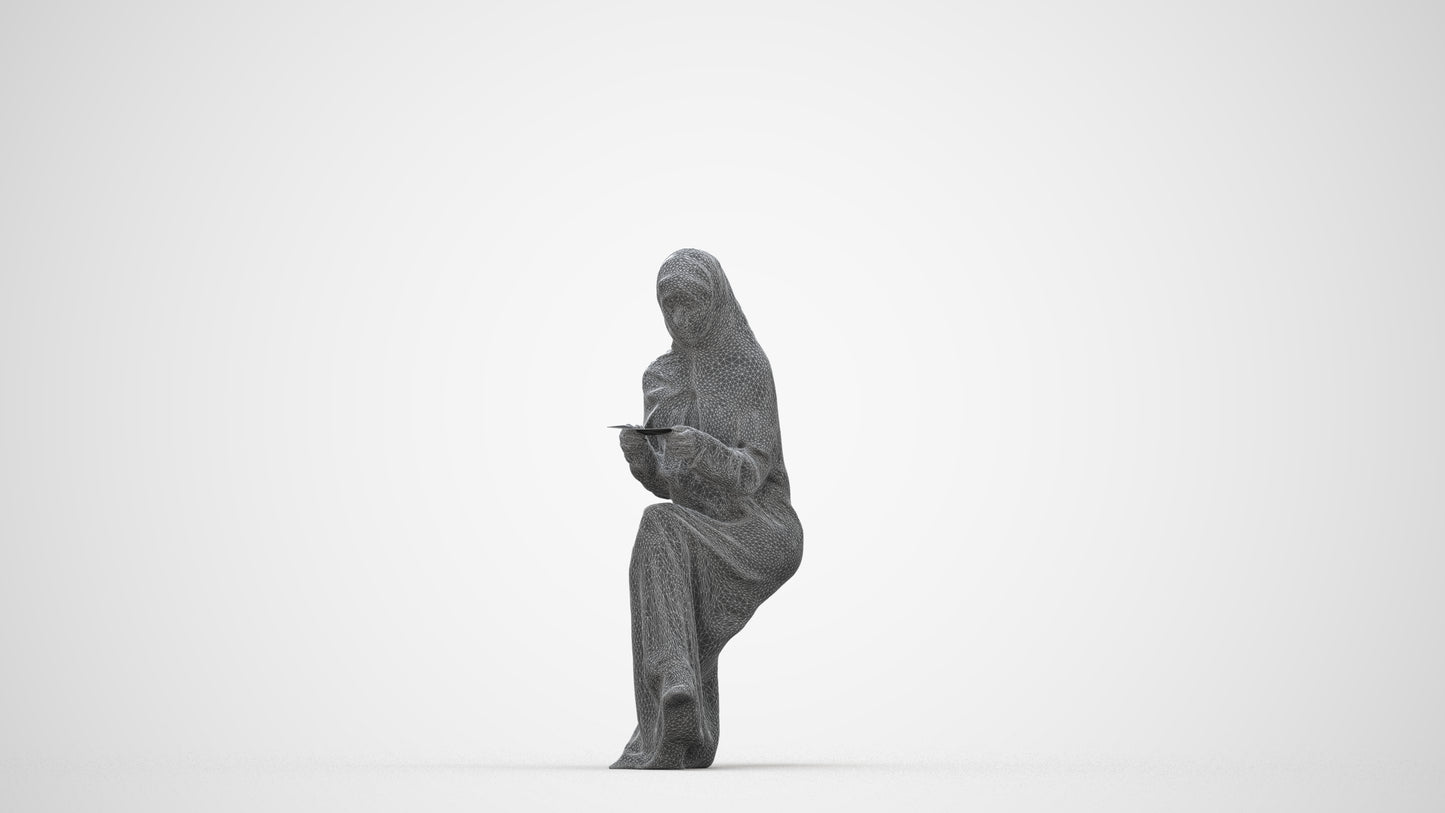 realistic 3D woman sitting, scanned archviz people for Blender and 3ds Max, wireframe back view