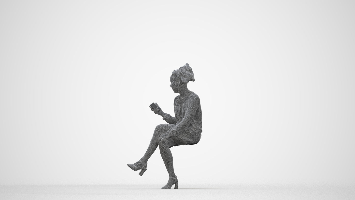 3D scanned woman sitting casual, photorealistic archviz people for Enscape and SketchUp, wireframe back view
