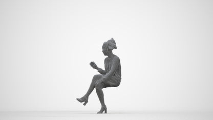 3D scanned woman sitting casual, photorealistic archviz people for Enscape and SketchUp, wireframe back view