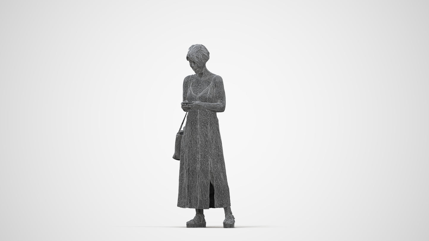 photogrammetry 3D senior woman standing, realistic human model archviz FBX, wireframe back view
