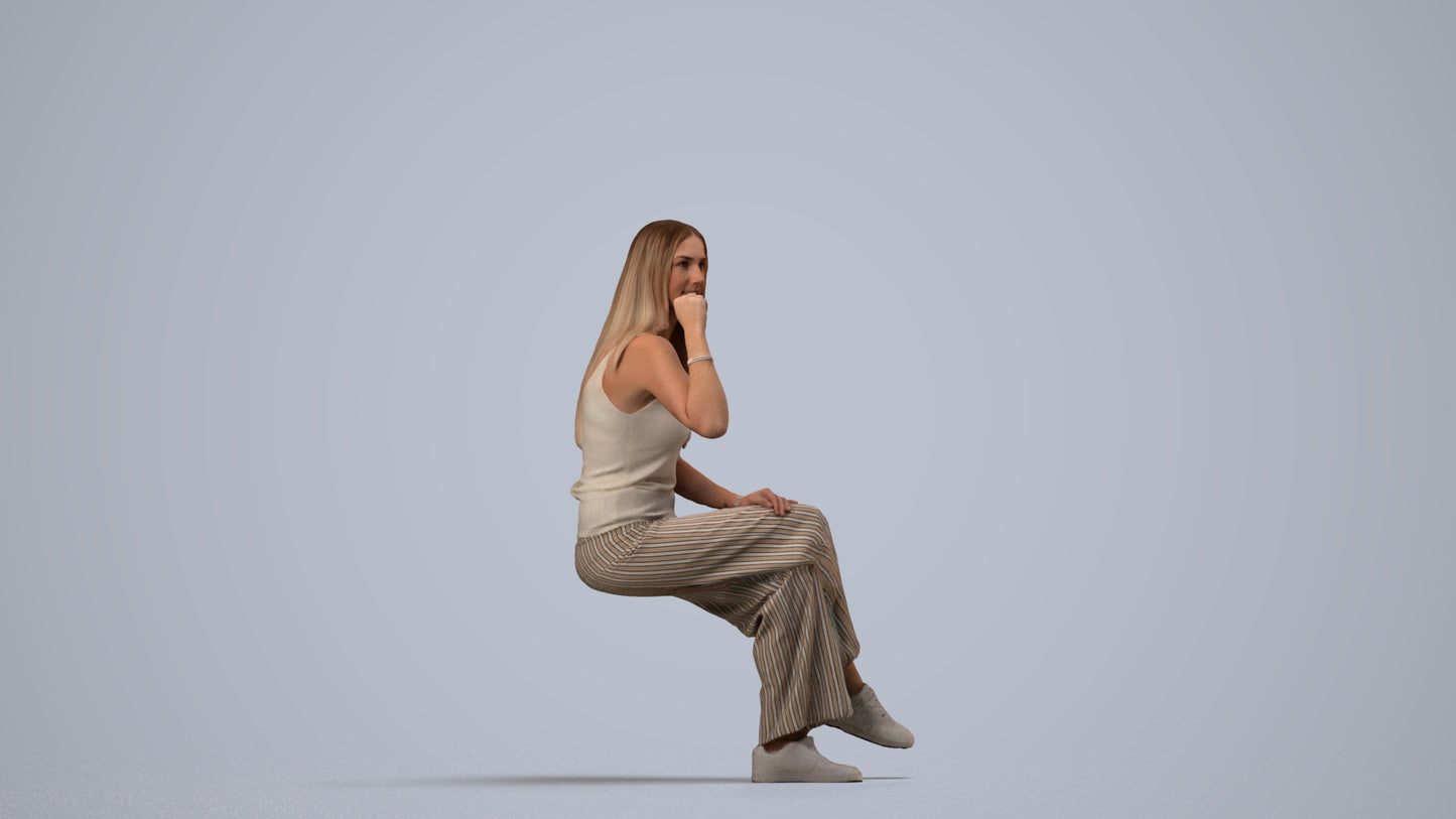 3D people model woman casual sitting, scanned human for 3ds Max rendering, side view render