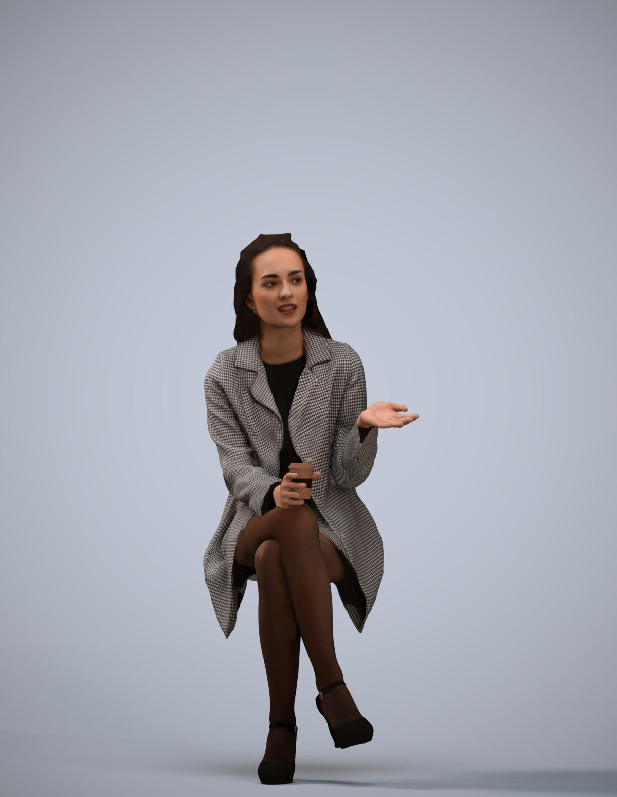 3D human model woman business sitting, photogrammetry scanned person for archviz