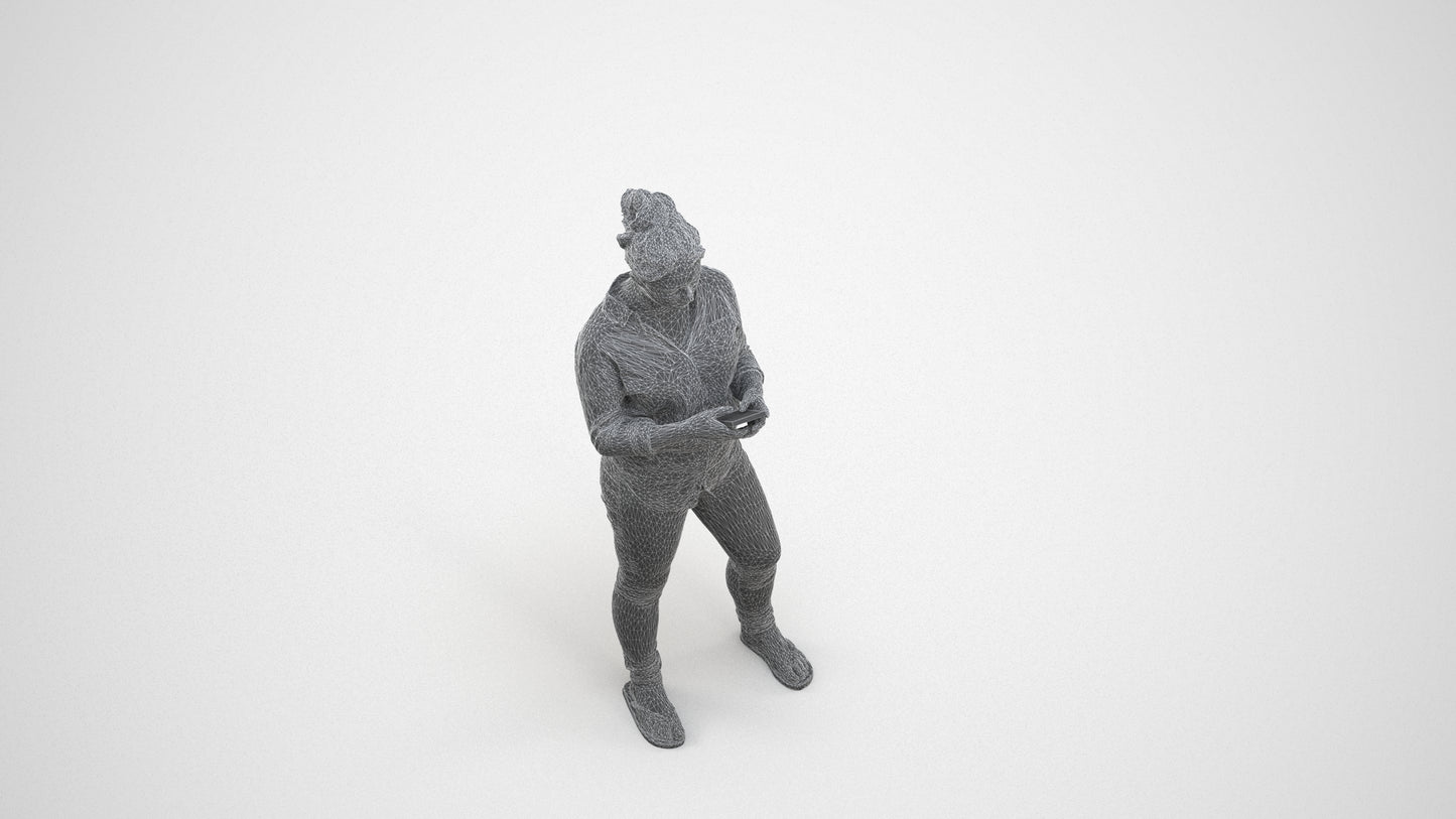 3D scanned woman standing casual, photorealistic archviz people for Enscape and SketchUp, wireframe three-quarter view