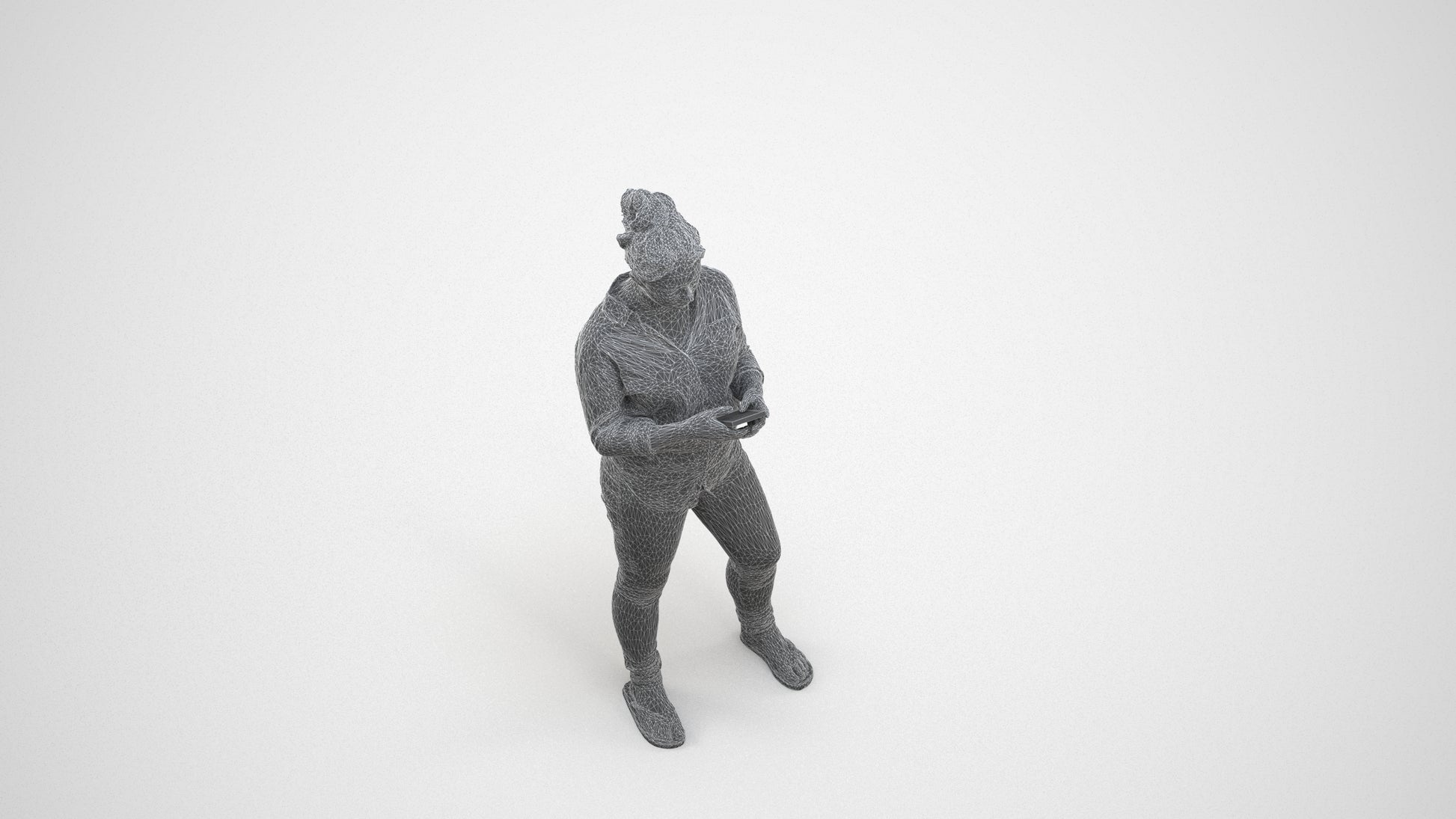 3D scanned woman standing casual, photorealistic archviz people for Enscape and SketchUp, wireframe three-quarter view