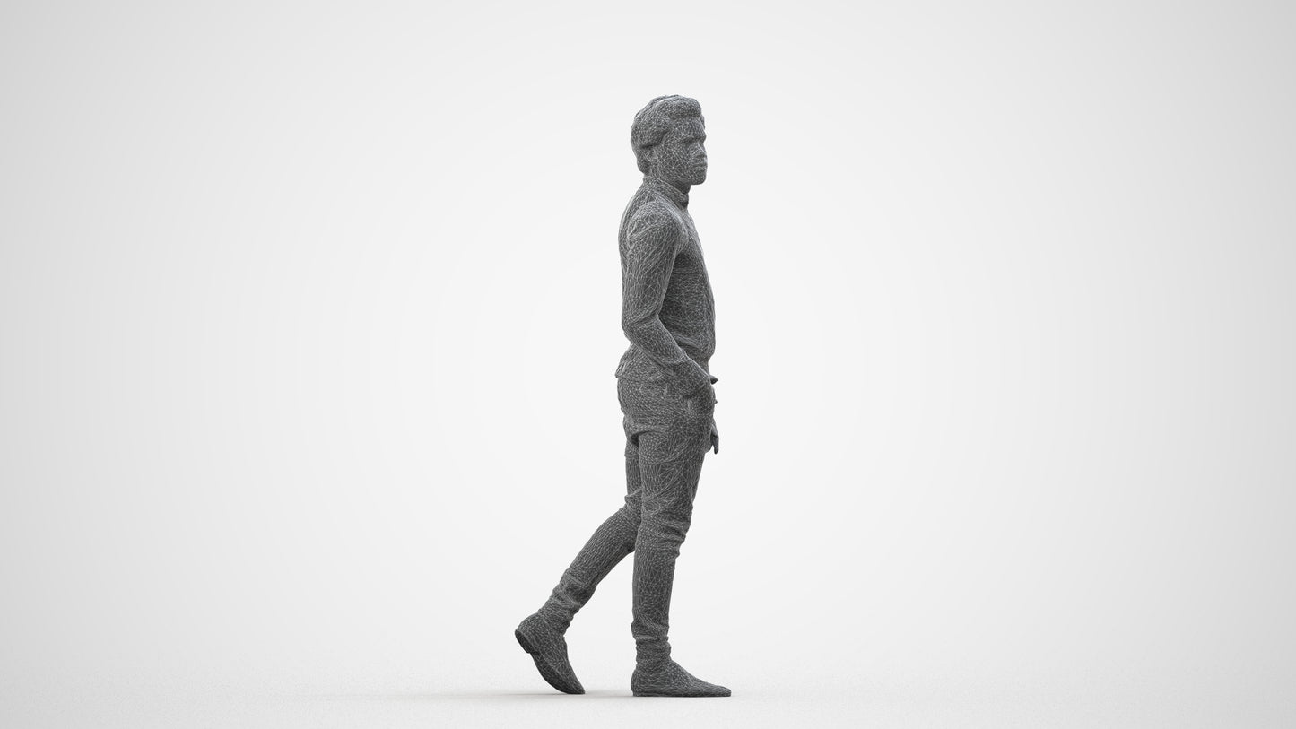 scanned 3D man casual standing, photogrammetry people for Enscape and V-Ray, wireframe side view