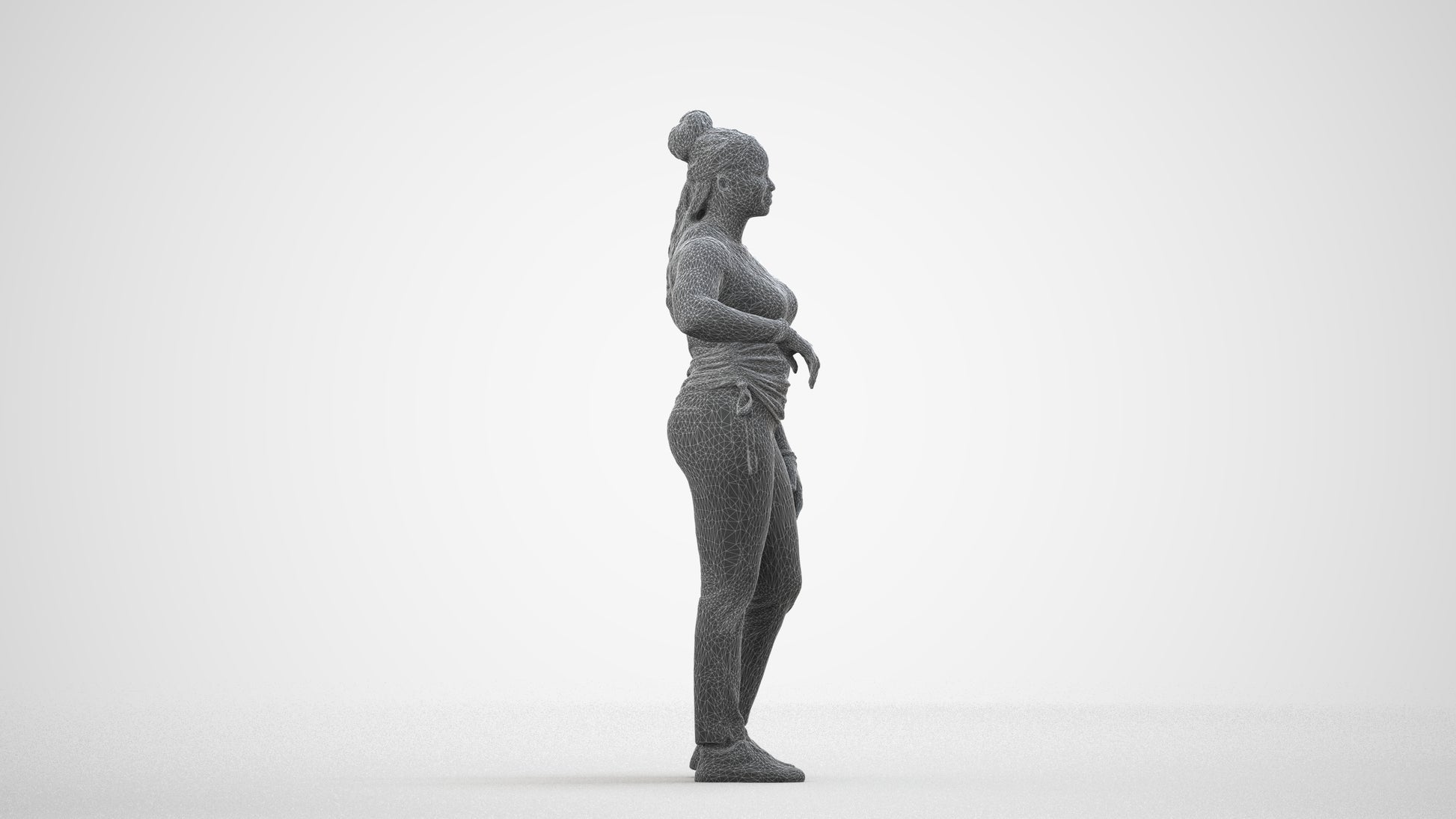 scanned 3D woman casual standing, photogrammetry people for Enscape and V-Ray, wireframe side view